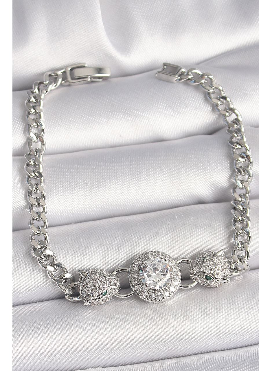 Pirinç Gümüş Renk Zirkon Taşlı Leopar Figür Zincir Model Kadın Bileklik