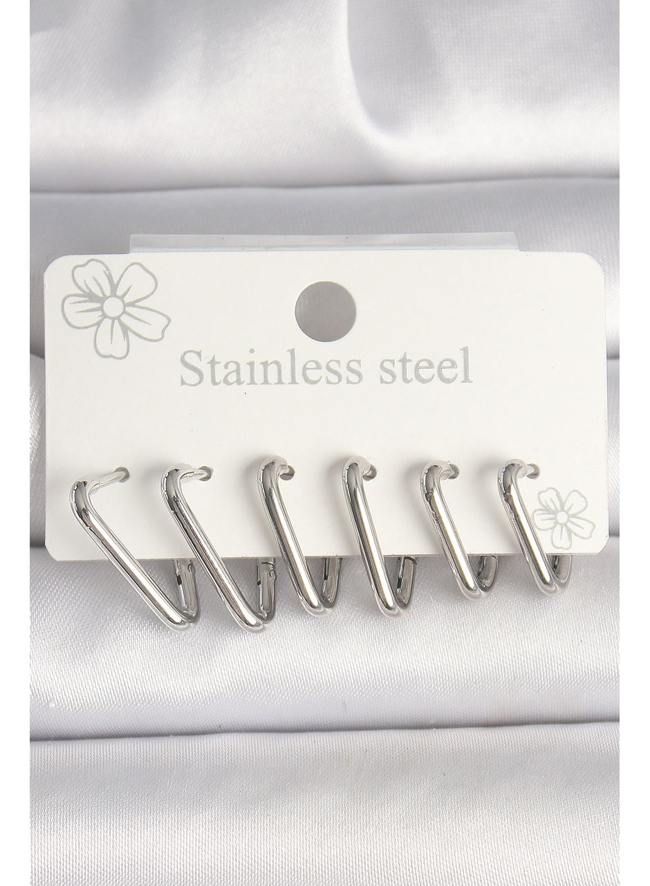 316L Çelik Gümüş Renk Üçgen Model Kadın Küpe Seti