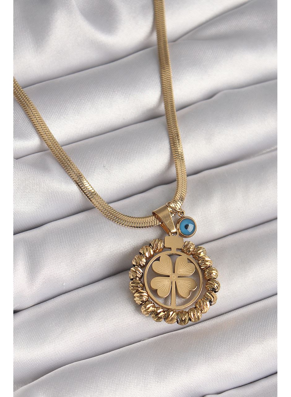 316L Çelik Gold Renk İtalyan Zincir Dorika Yonca Model Nazar Boncuk Detay Kadın Kolye