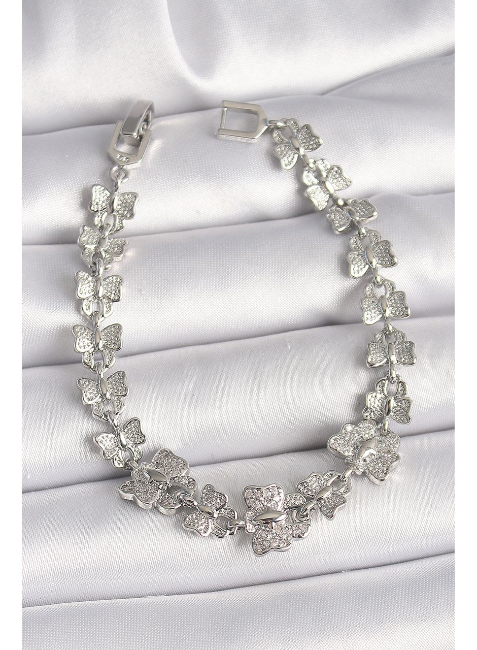 Pirinç Gümüş Renk Zirkon Taşlı Kelebek Model Zincir Kadın Bileklik