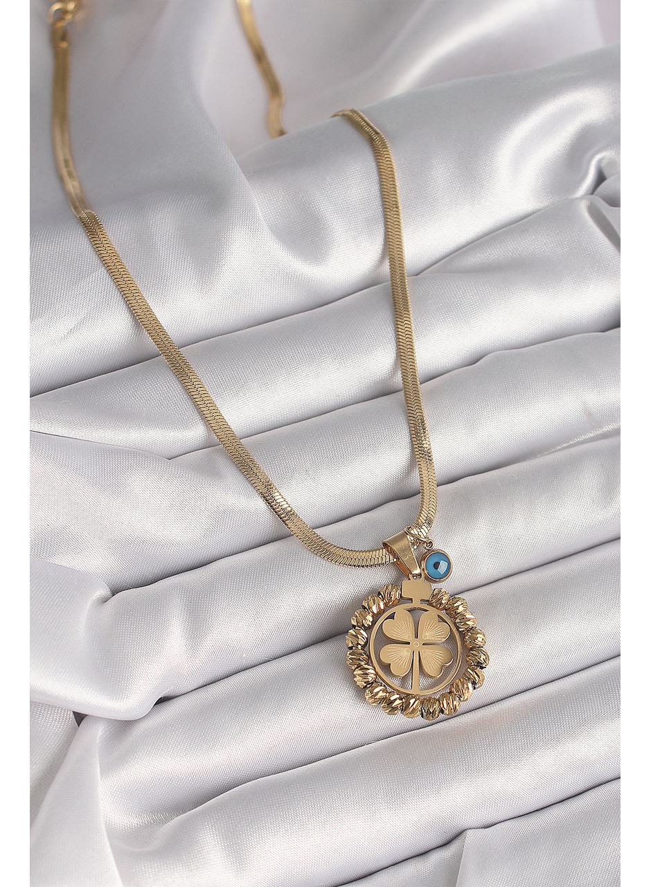316L Çelik Gold Renk İtalyan Zincir Dorika Yonca Model Nazar Boncuk Detay Kadın Kolye