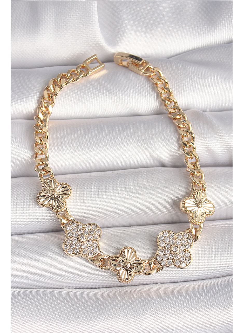 Pirinç Gold Renk Zirkon Taşlı Yonca Model Kadın Bileklik