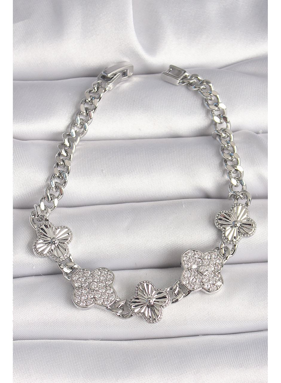 Pirinç Gümüş Renk Zincir Yonca Model Kadın Bileklik