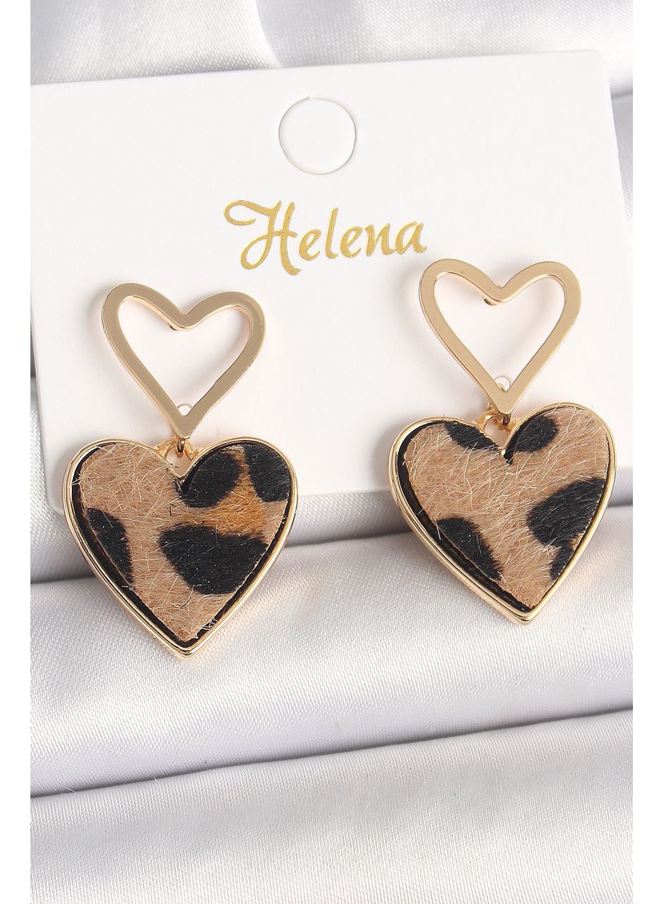 Pirinç Gold Renk Sallantı Leopar Kalp Model Kadın Küpe