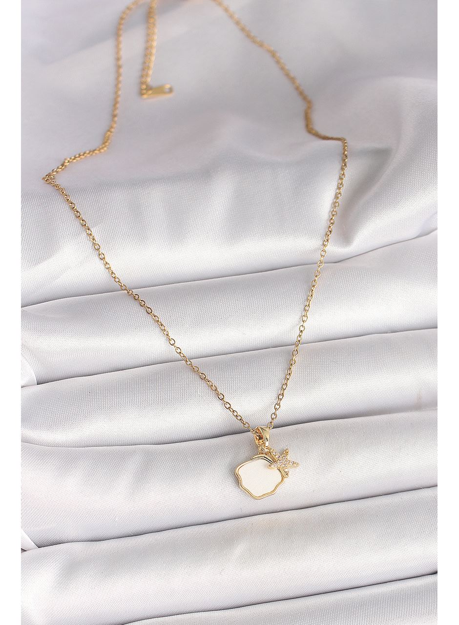 316L Çelik Gold Renk Zincir Sallantı Beyaz Mineli Deniz Kabuğu Zirkon Taşlı Deniz Yıldızı Figür Kadın Kolye