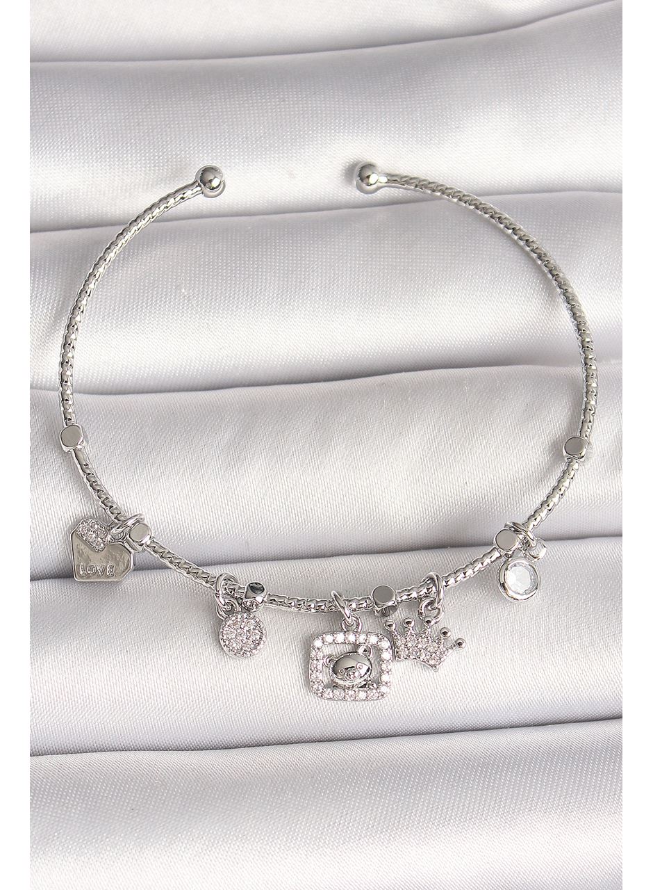 Pirinç Gümüş Renk Sallantı Zirkon Taşlı Ayıcık Figür Taç Detay Charm Kadın Bileklik