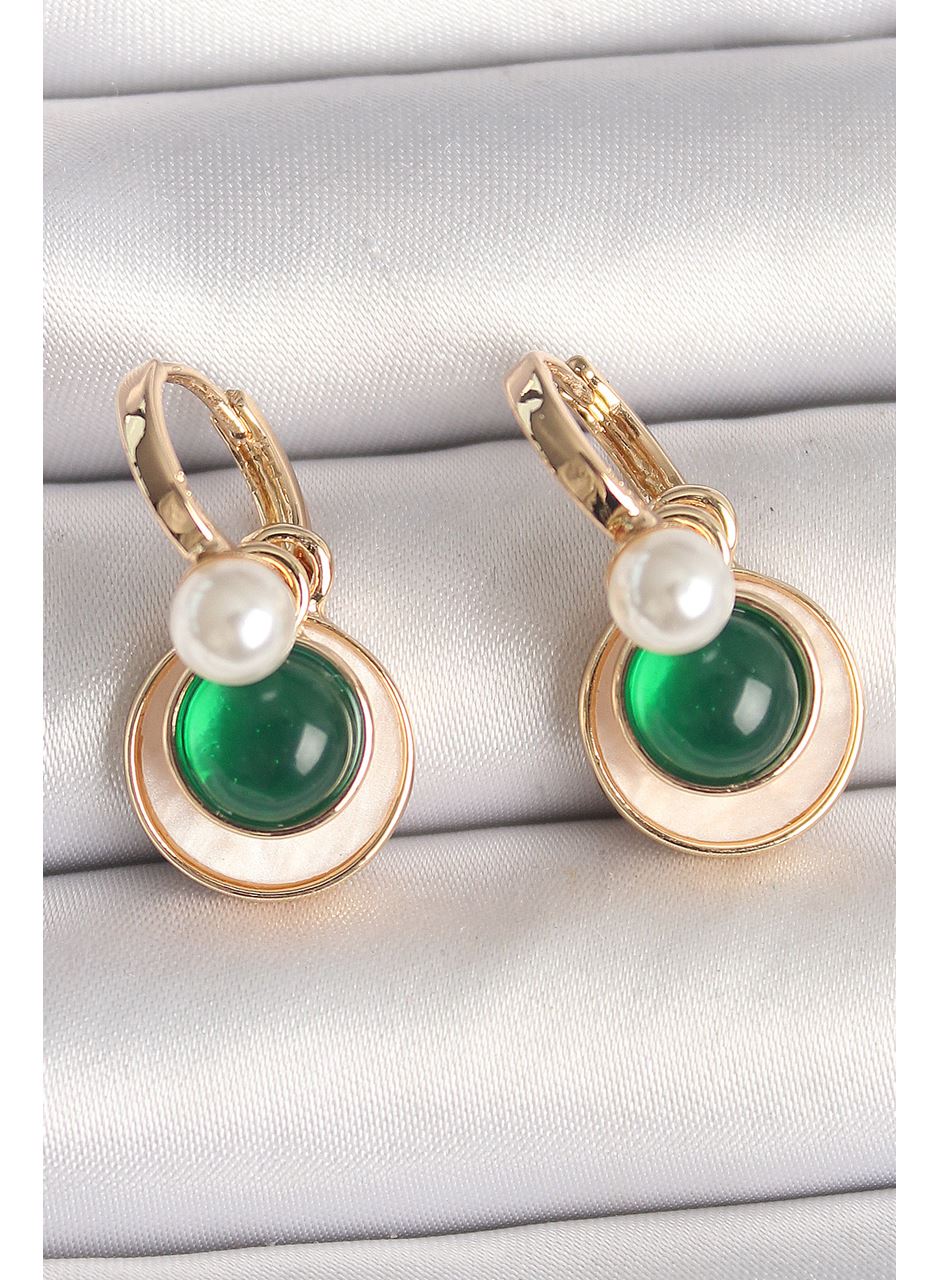 Pirinç Gold Renk Beyaz Yeşil Sallantı Mineli Kadın Küpe