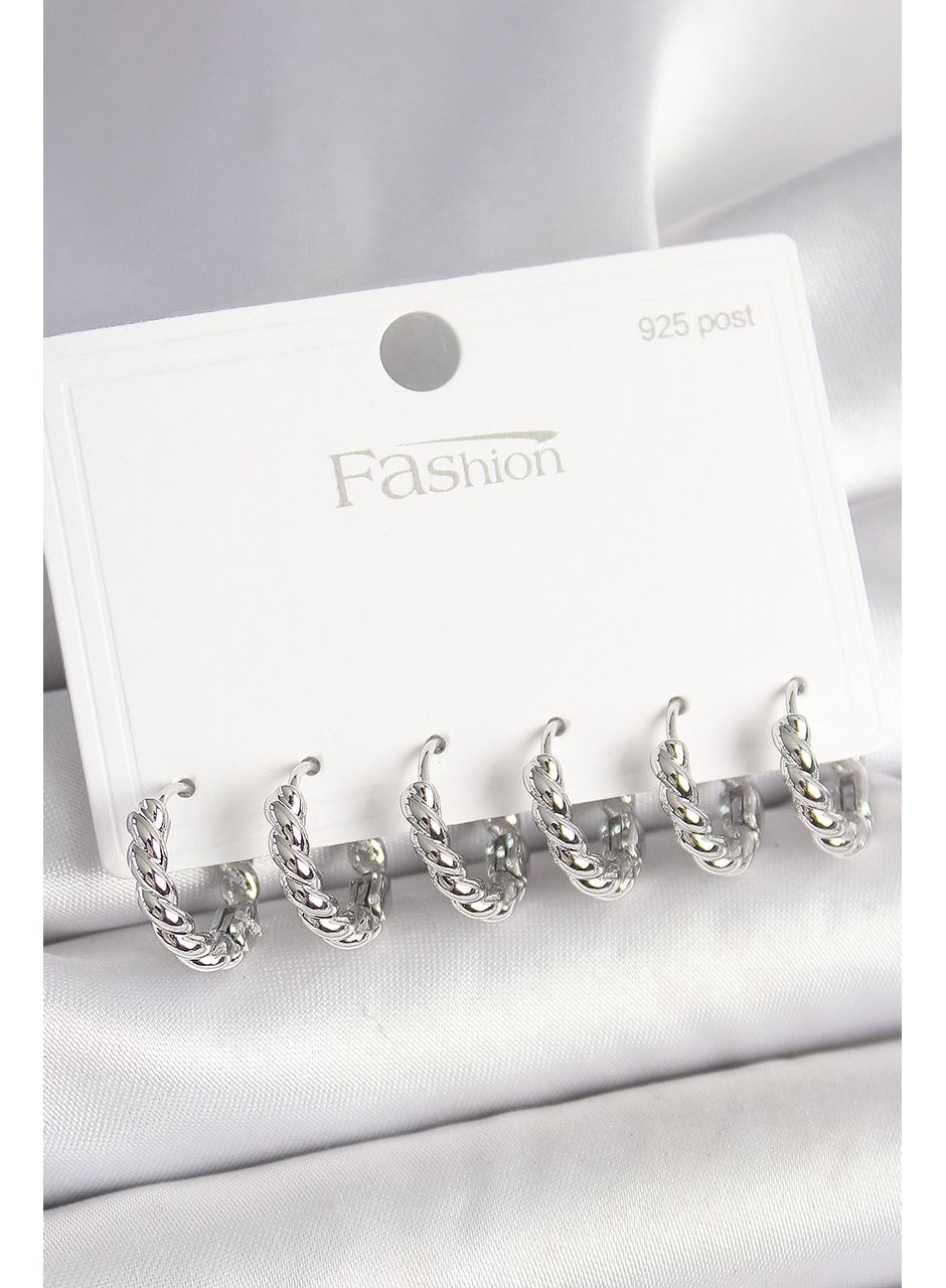 925 Ayar Gümüş Çivi Pirinç Gümüş Renk Sarmal Halka Model Kadın Küpe Seti