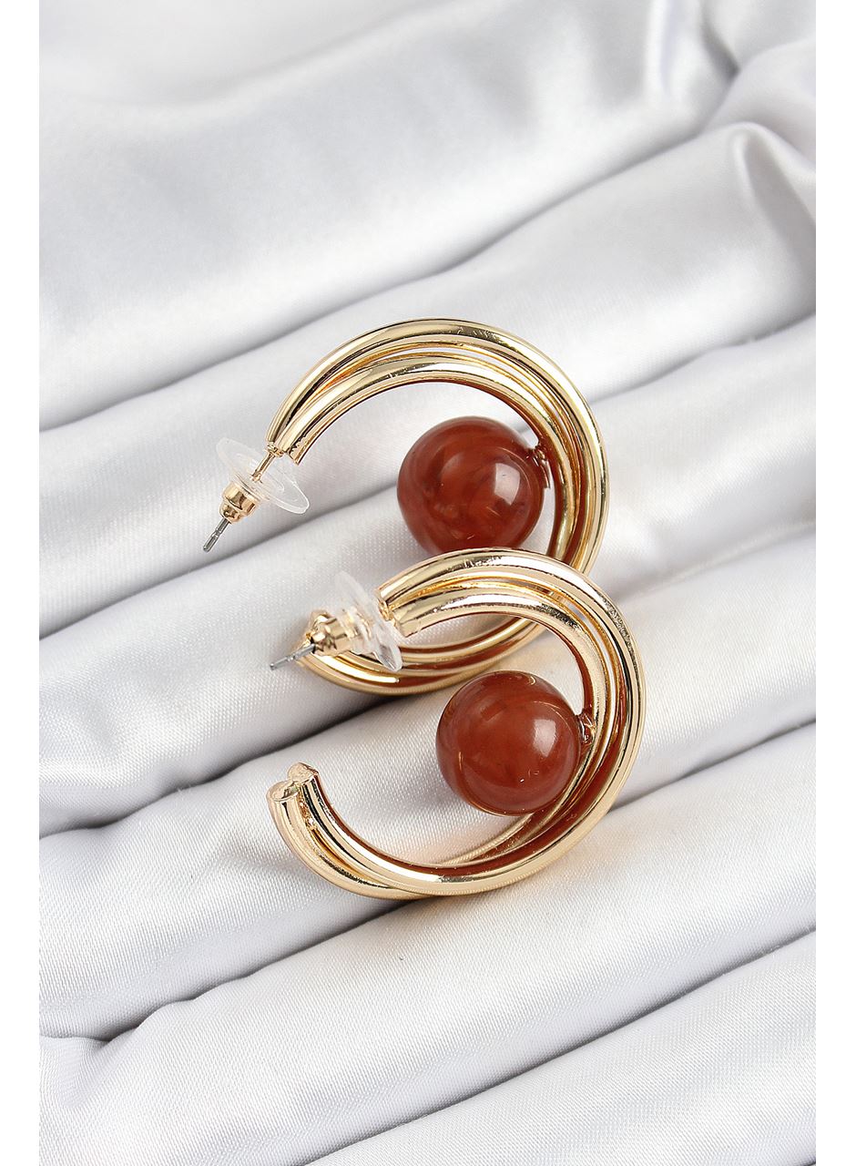 Pirinç Gold Renk Halka Model Kahverengi Boncuk Detay Kadın Küpe