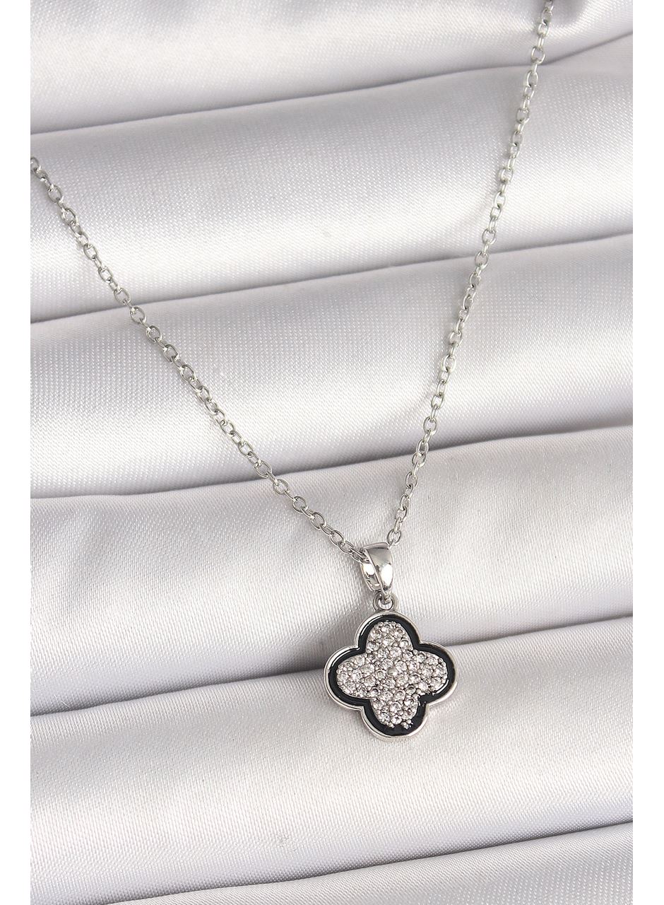 316L Çelik Gümüş Renk Zincir Zirkon Taşlı Yonca Model Kadın Kolye