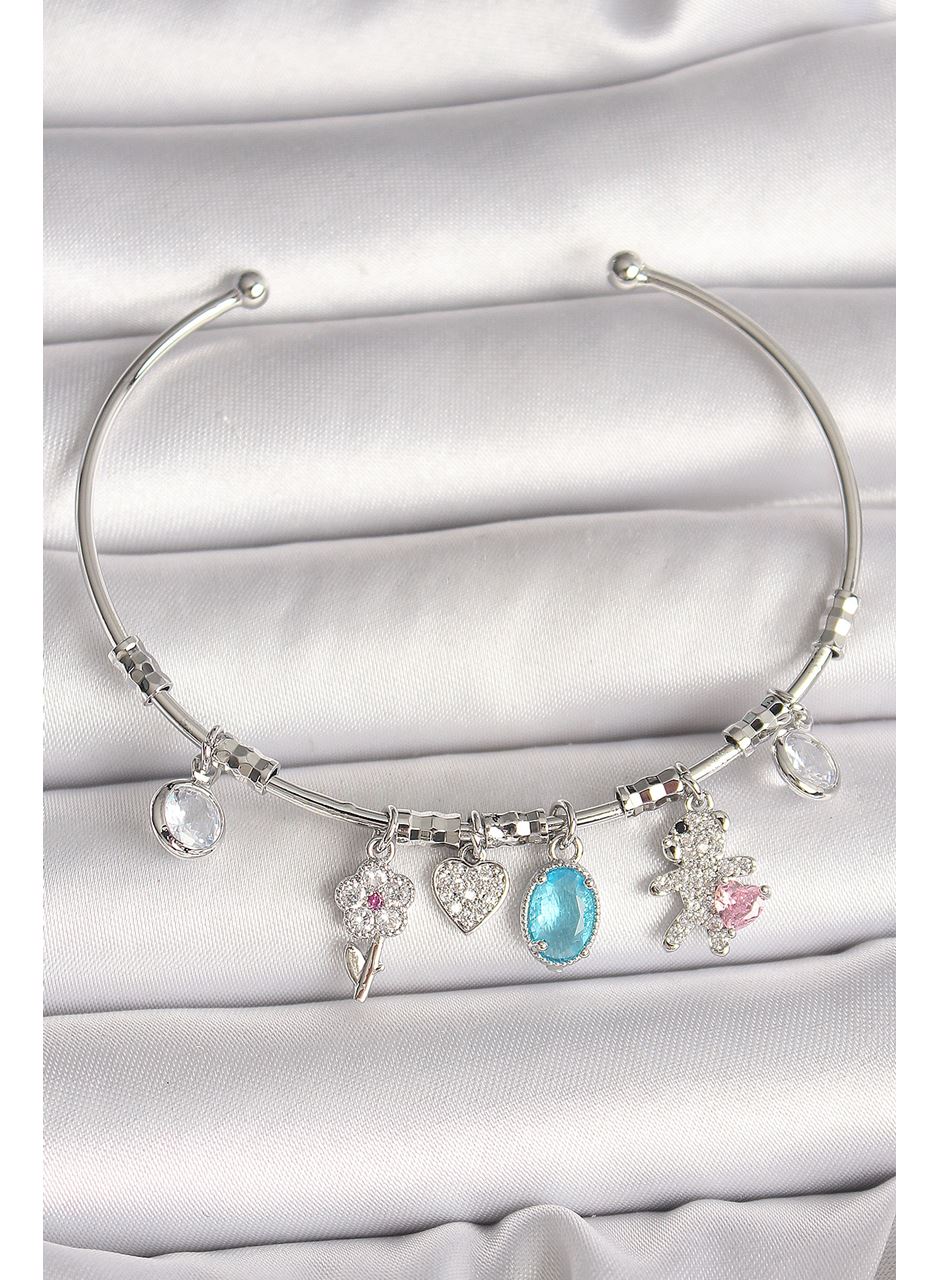 Pirinç Gümüş Renk Sallantı Zirkon Taşlı Ayıcık Figür Çiçek Detay Charm Kadın Bileklik