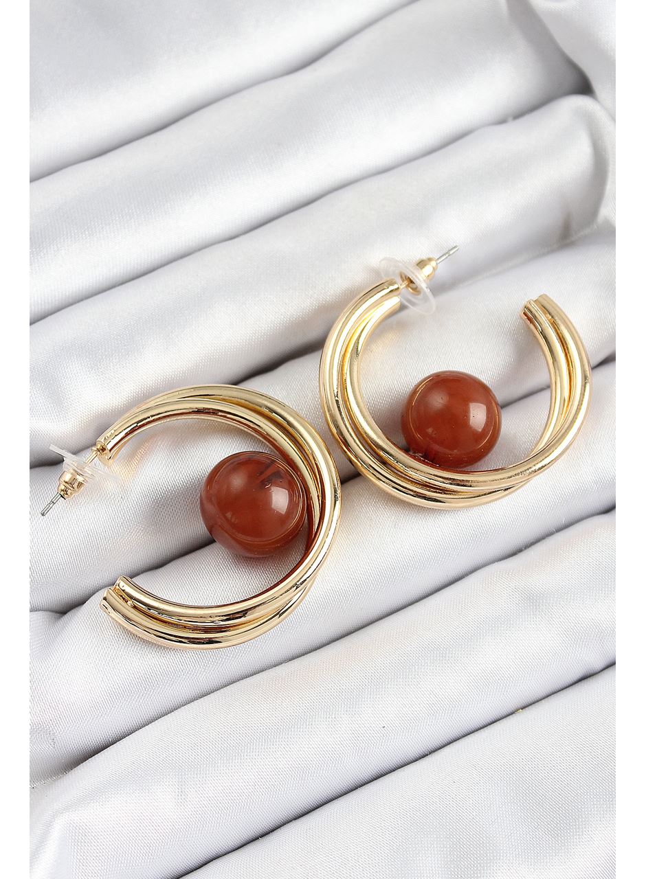 Pirinç Gold Renk Halka Model Kahverengi Boncuk Detay Kadın Küpe