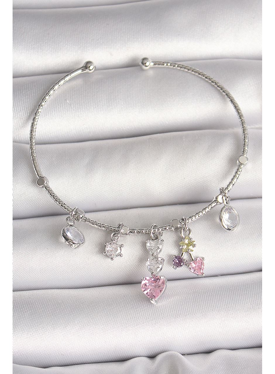 Pirinç Gümüş Renk Sallantı Zirkon Taşlı Kalp Figür Charm Kadın Bileklik