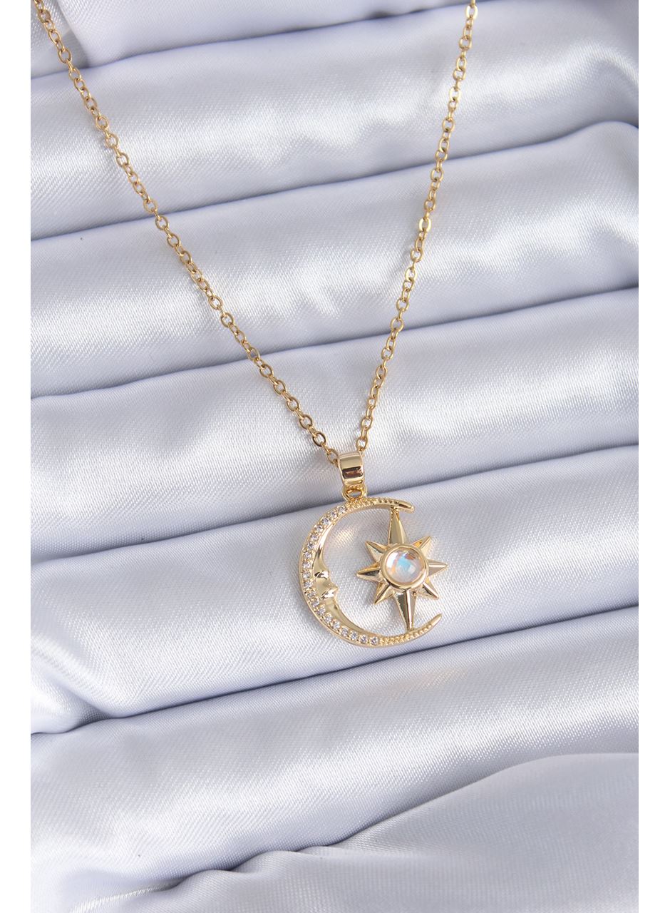 316L Çelik Gold Renk Zirkon Taşlı Ay Yıldız Model Kadın Kolye