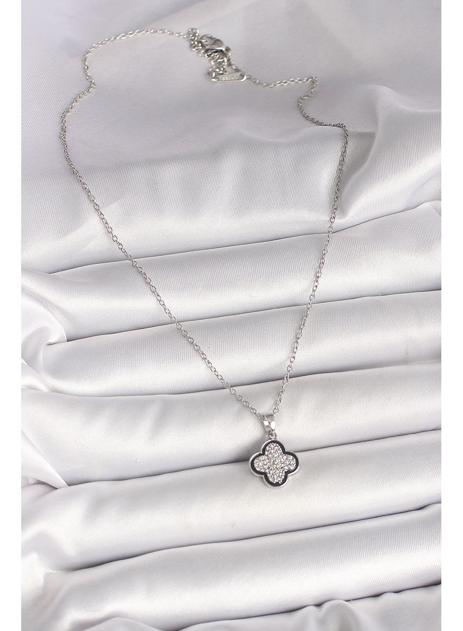 316L Çelik Gümüş Renk Zincir Zirkon Taşlı Yonca Model Kadın Kolye