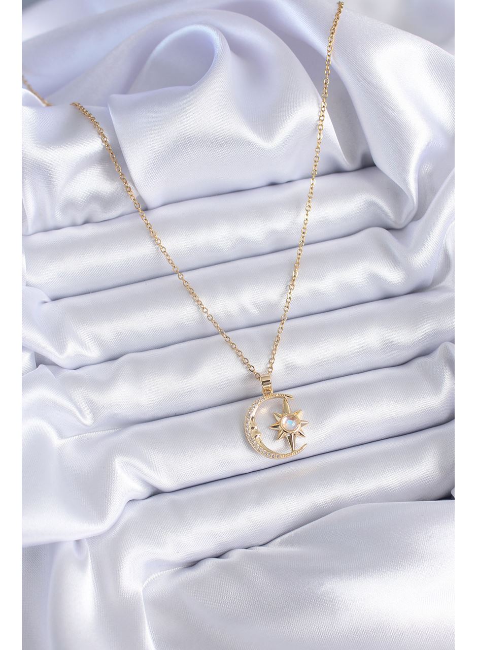 316L Çelik Gold Renk Zirkon Taşlı Ay Yıldız Model Kadın Kolye