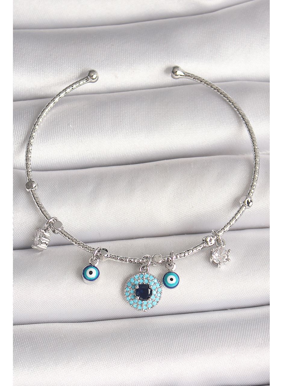 Pirinç Gümüş Renk Sallantı Zirkon Taşlı Nazar Boncuk Figür Charm Kadın Bileklik