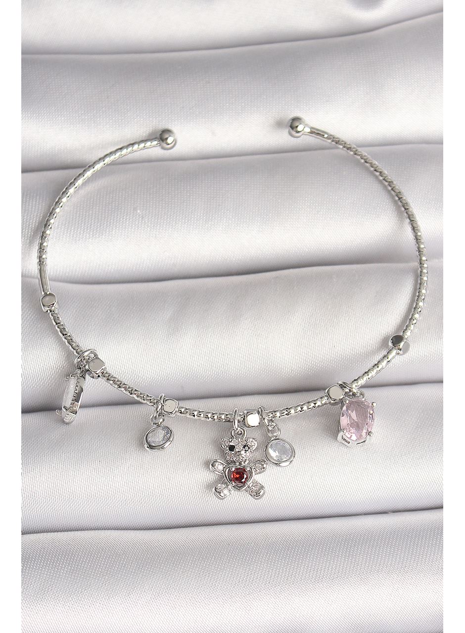 Pirinç Gümüş Renk Sallantı Zirkon Taşlı Ayıcık Figür Kırmızı Taş Detay Charm Kadın Bileklik