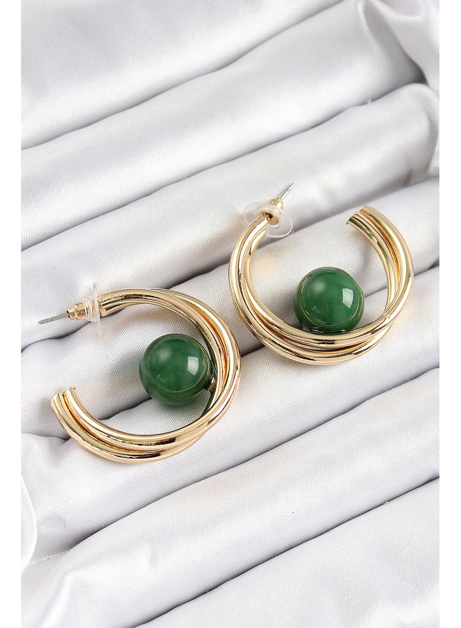 Pirinç Gold Renk Halka Model Yeşil Boncuk Detay Kadın Küpe