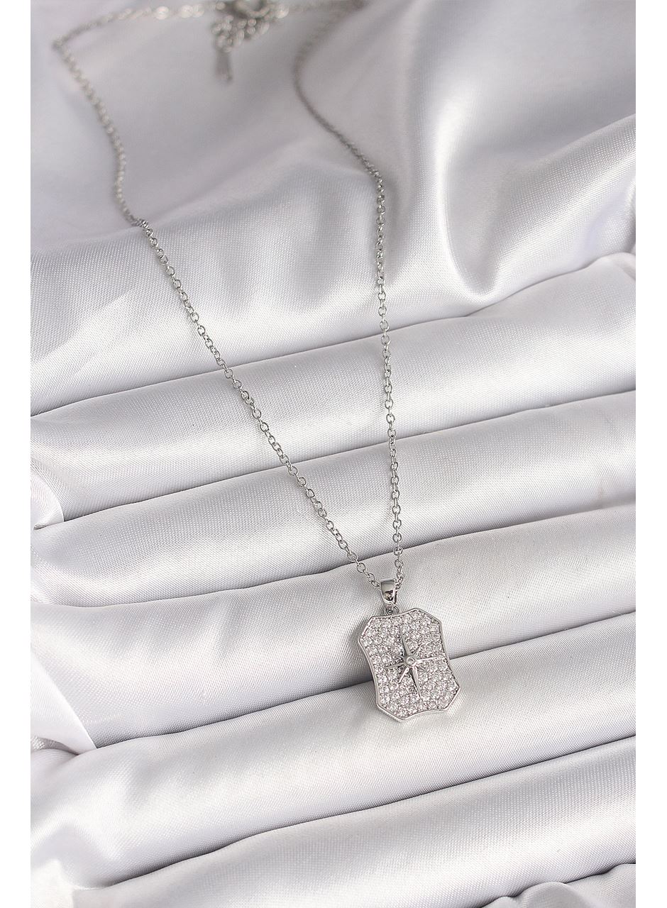 316L Çelik Gümüş Renk Zincir Zirkon Taşlı Kutup Yıldız İşlemeli Madalyon Model Kadın Kolye