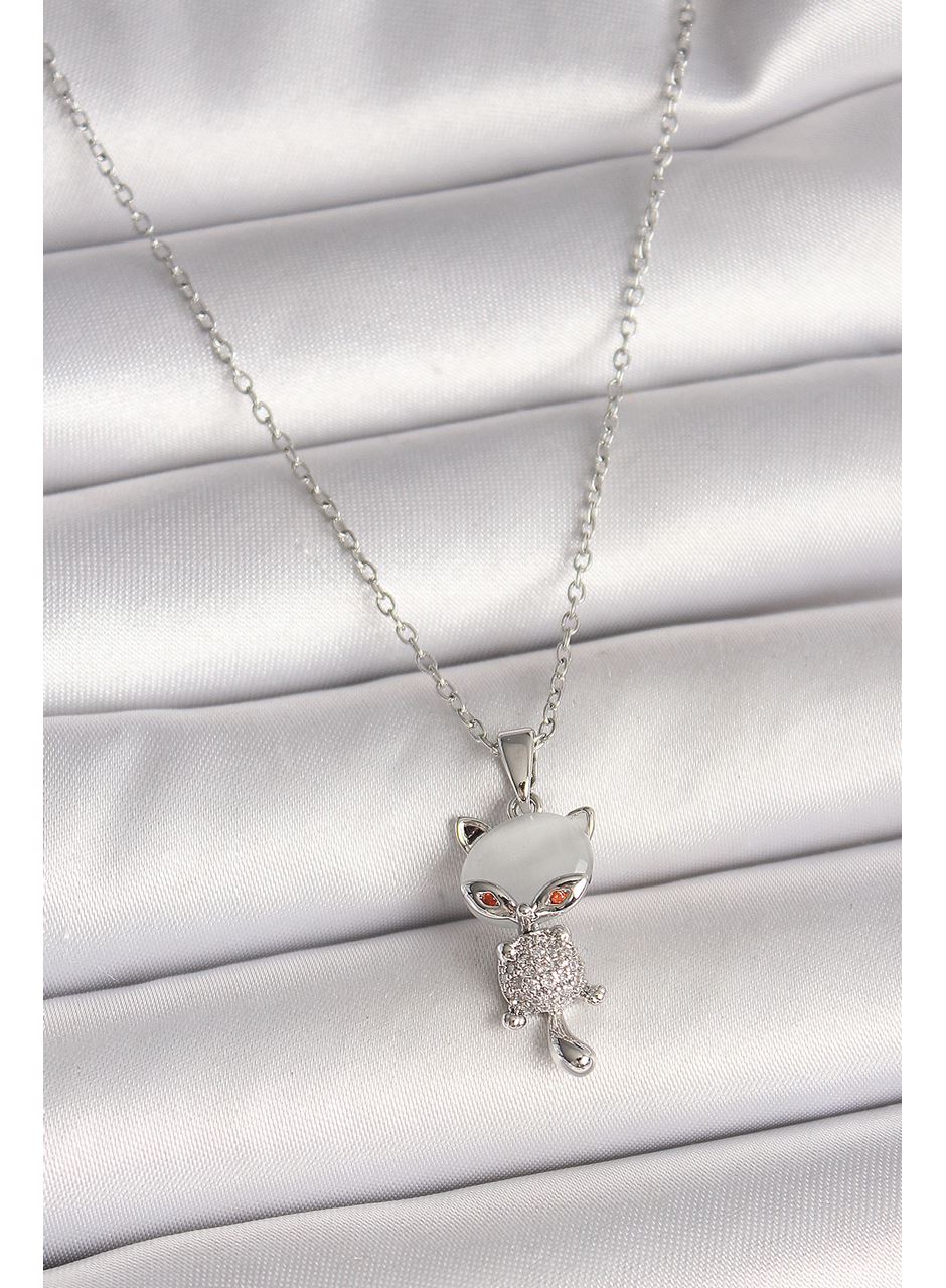 316L Çelik Gümüş Renk Zincir Zirkon Taşlı Kedi Model Kadın Kolye