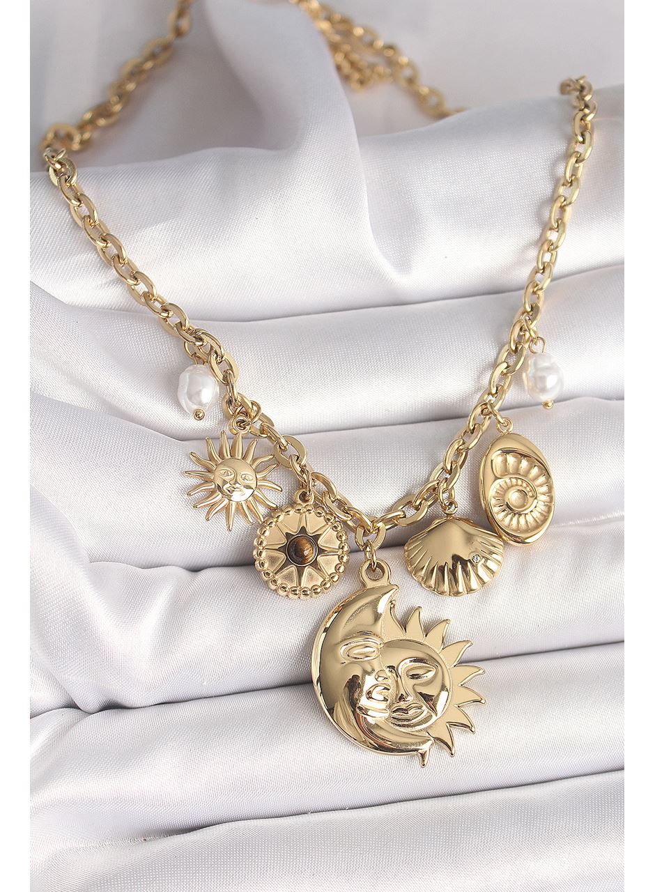 316L Çelik Gold Renk Ay Güneş Figür Deniz Kabuğu Detay Kadın Kolye