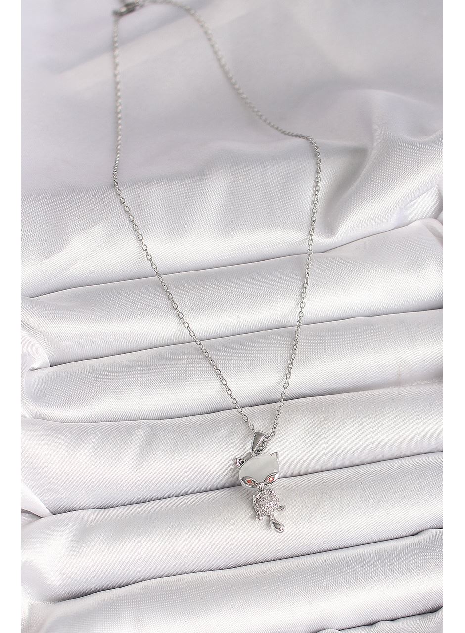 316L Çelik Gümüş Renk Zincir Zirkon Taşlı Kedi Model Kadın Kolye