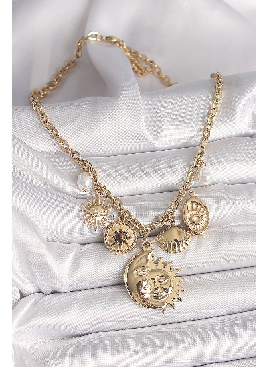 316L Çelik Gold Renk Ay Güneş Figür Deniz Kabuğu Detay Kadın Kolye