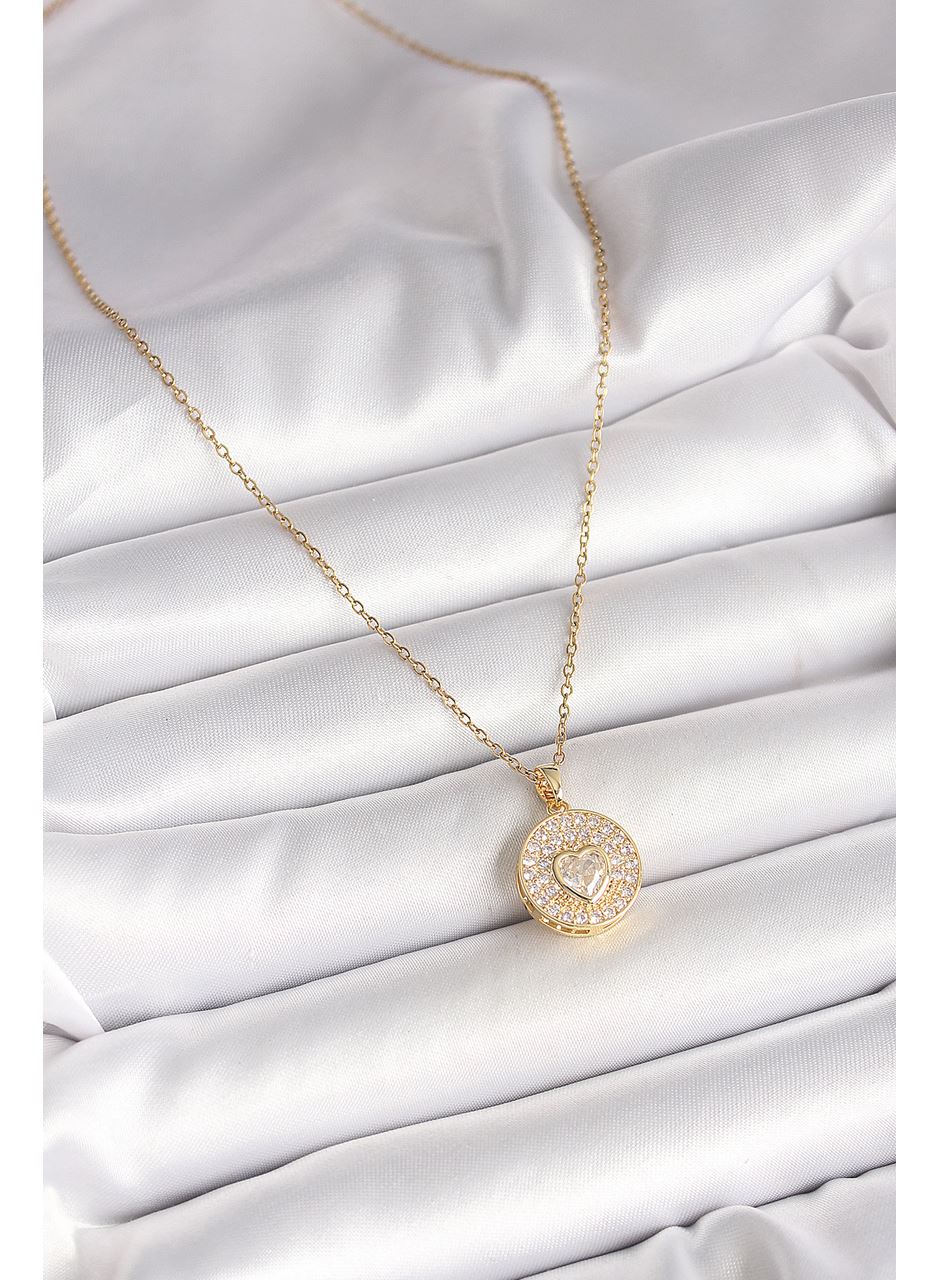 316L Çelik Gold Renk Zincir Madalyon Zirkon Taşlı Kalp Model Kadın Kolye