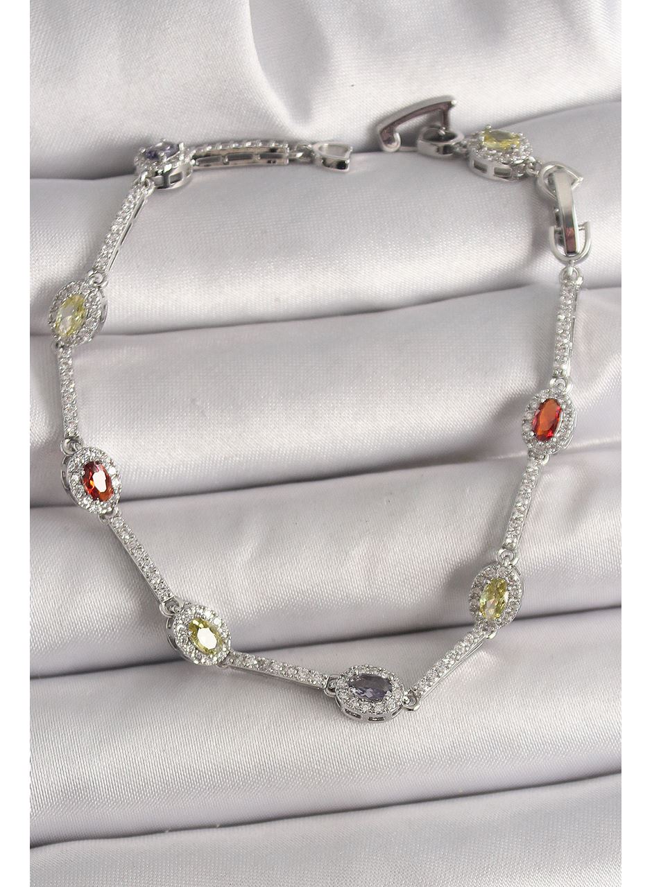 Pirinç Gümüş Renk Renkli Zirkon Taşlı Damla Taş Model Kadın Bileklik