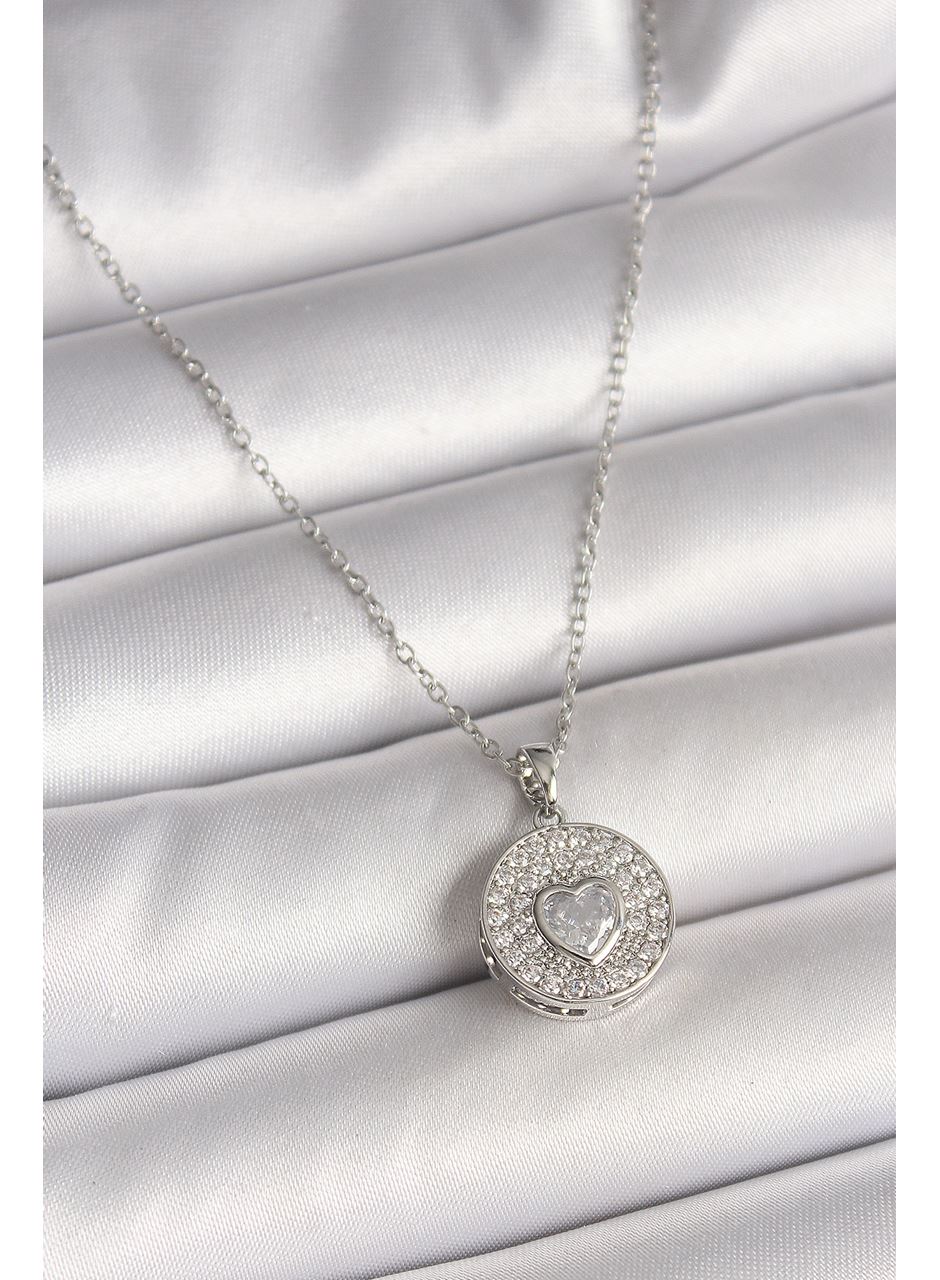 316L Çelik Gümüş Renk Zincir Zirkon Taşlı Kalp İşlemeli Madalyon Model Kadın Kolye