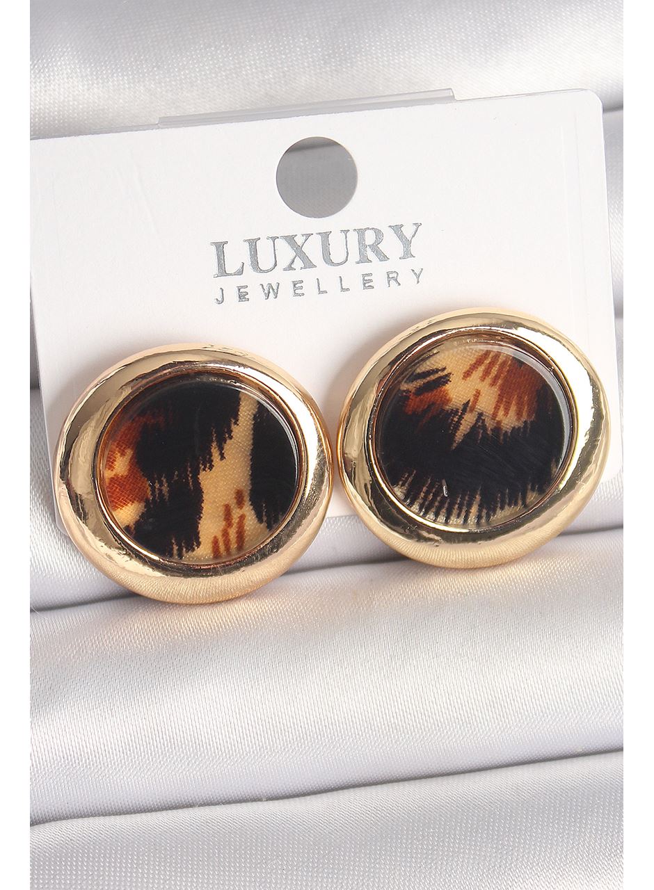 Pirinç Gold Renk Leopar Desen Daire Model Kadın Küpe