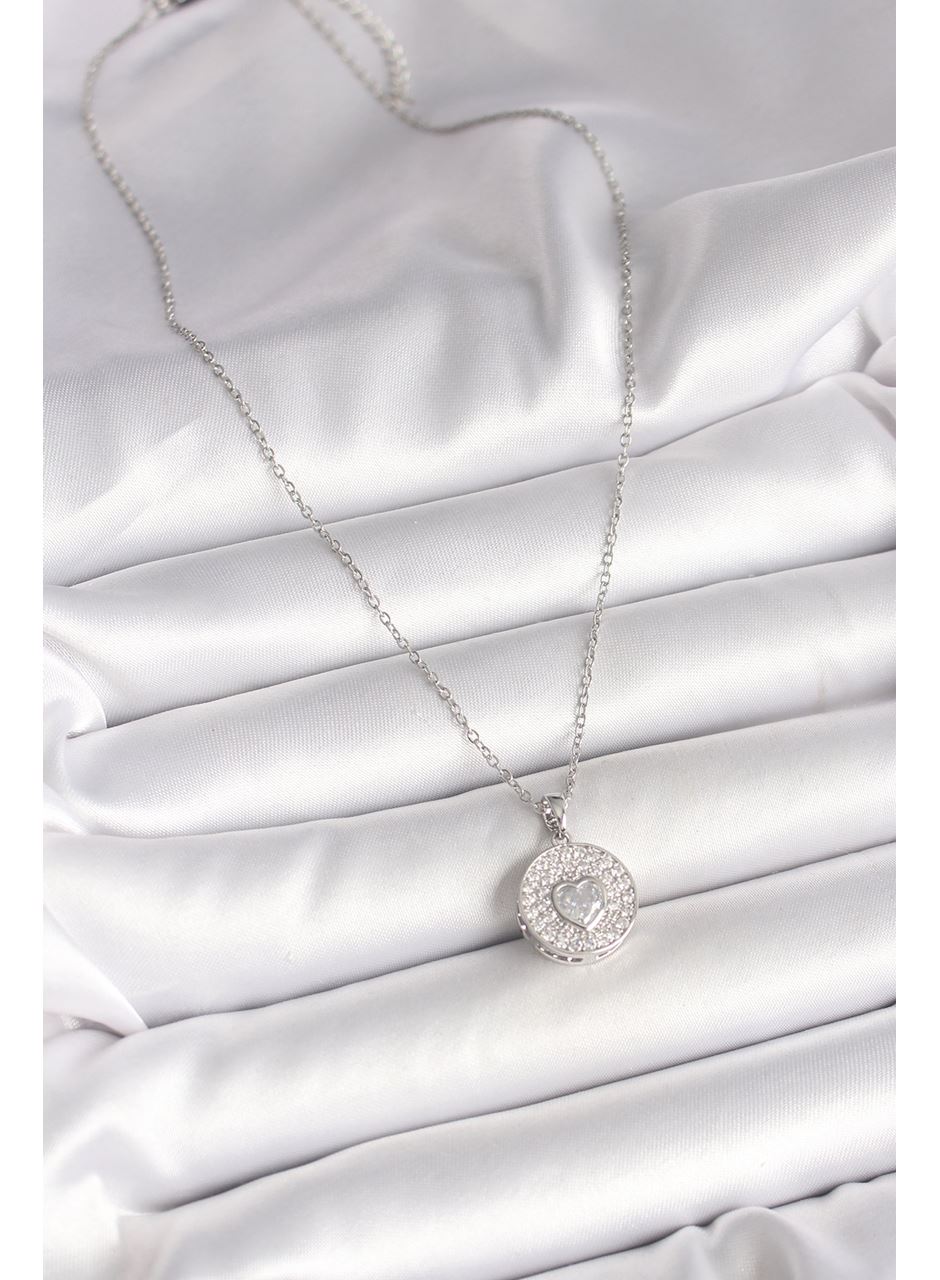 316L Çelik Gümüş Renk Zincir Zirkon Taşlı Kalp İşlemeli Madalyon Model Kadın Kolye
