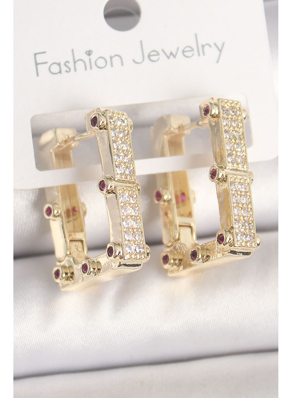 Pirinç Gold Renk Kare Zirkon Taşlı Kadın Küpe