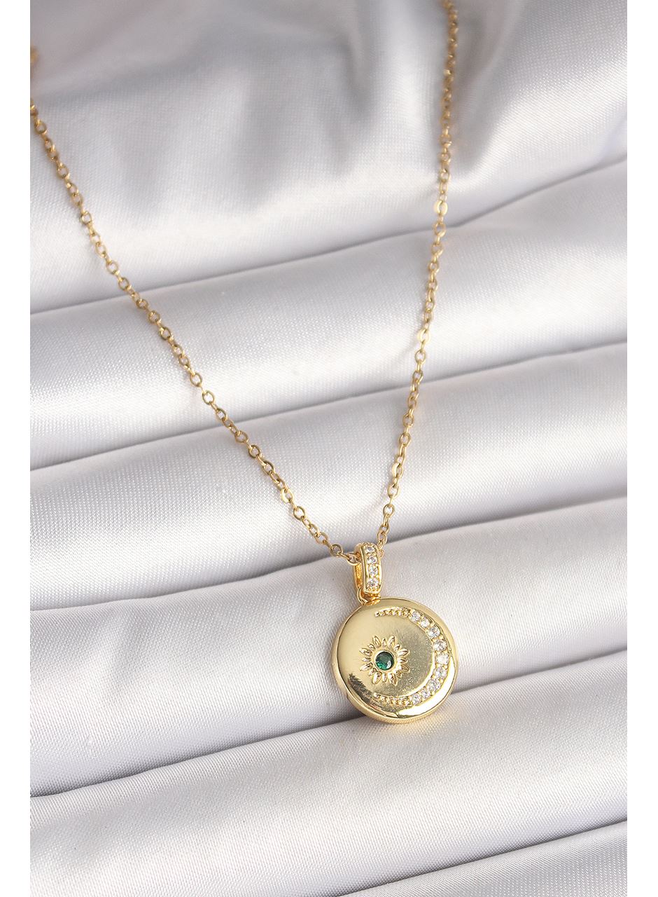 316L Çelik Gold Renk Zincir Zirkon Taş İşlemeli Hilal Yıldız İşlemeli Madalyon Model Kadın Kolye