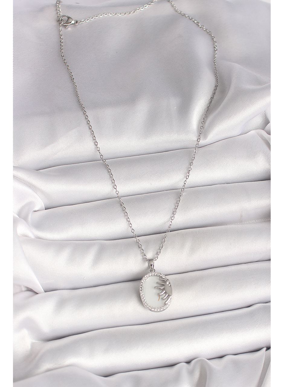 316L Çelik Gümüş Renk Zincir Beyaz Mineli Gün Batımı Model Zirkon Taş Detaylı Kadın Kolye