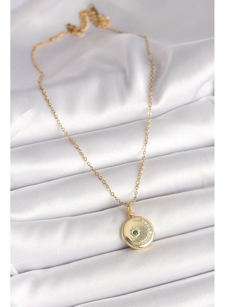 316L Çelik Gold Renk Zincir Zirkon Taş İşlemeli Hilal Yıldız İşlemeli Madalyon Model Kadın Kolye