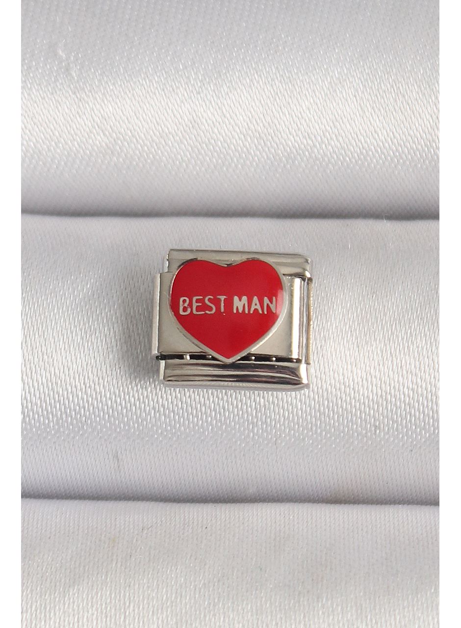 316L Çelik Gümüş Renk 'Best Man' Yazılı Kırmızı Kalp İşlemeli Nomination Charm