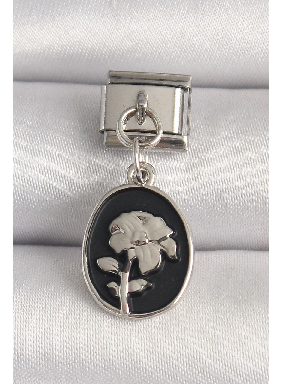 316L Çelik Gümüş Renk Gümüş Çiçek İşlemeli Siyah Portre Model Nomination Charm