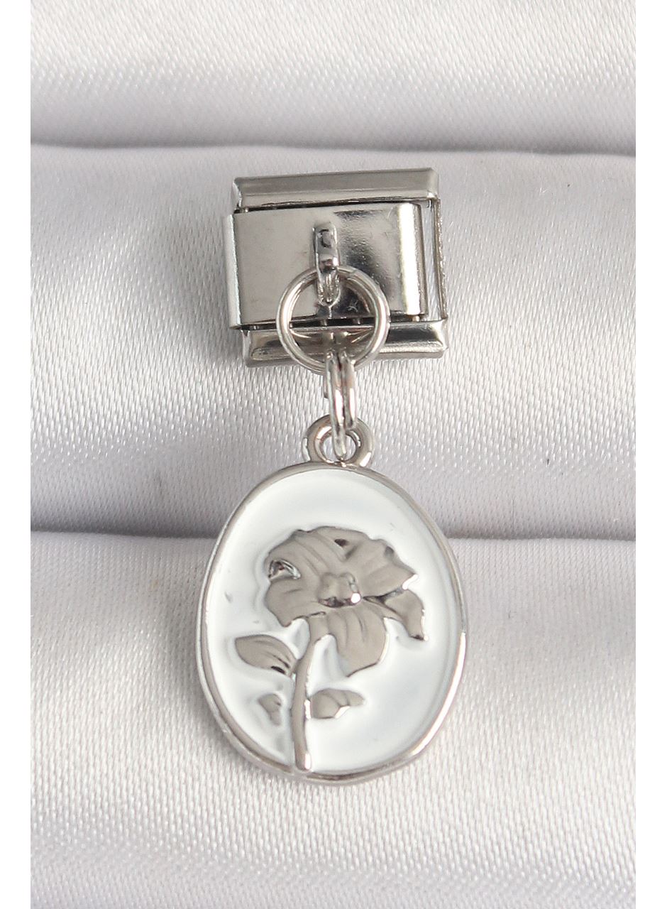 316L Çelik Gümüş Renk Çiçek İşlemeli Beyaz Portre Model Nomination Charm