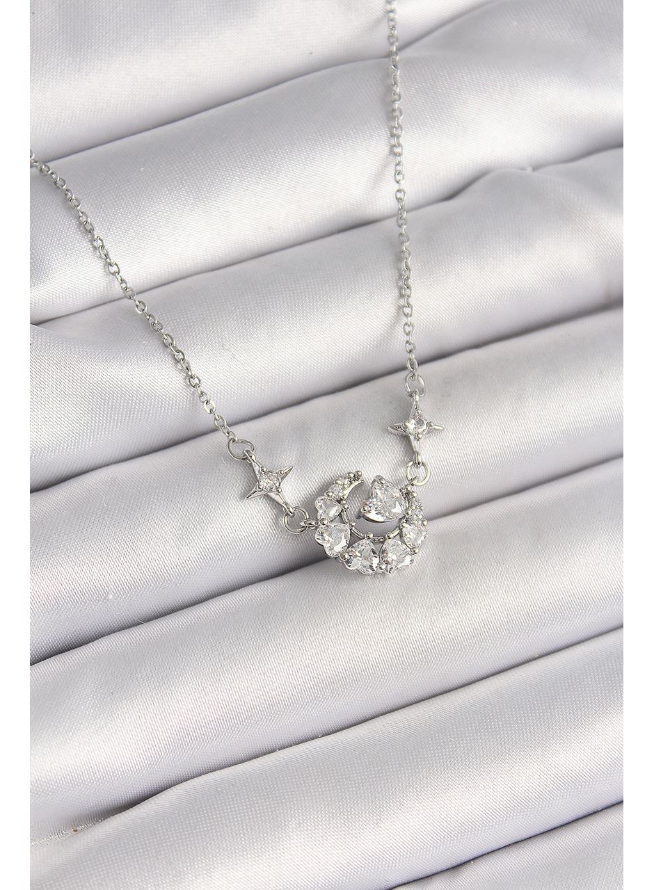 316L Çelik Gümüş Renk Zirkon Taşlı Hilal Kalp Model Kadın Kolye