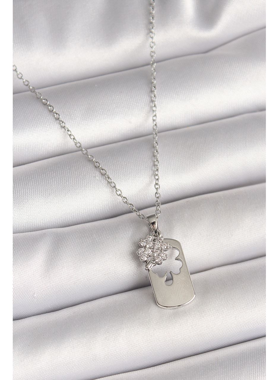 316L Çelik Gümüş Renk Zincir Zirkon Taşlı Yonca Model Kadın Kolye