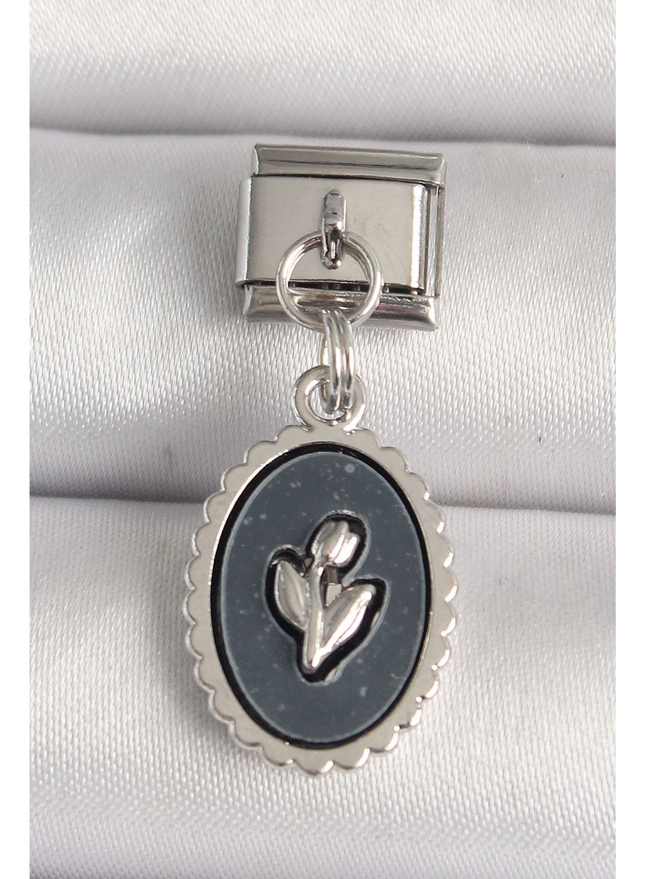 316L Çelik Gümüş Renk Çiçek İşlemeli Siyah Portre Model Nomination Charm