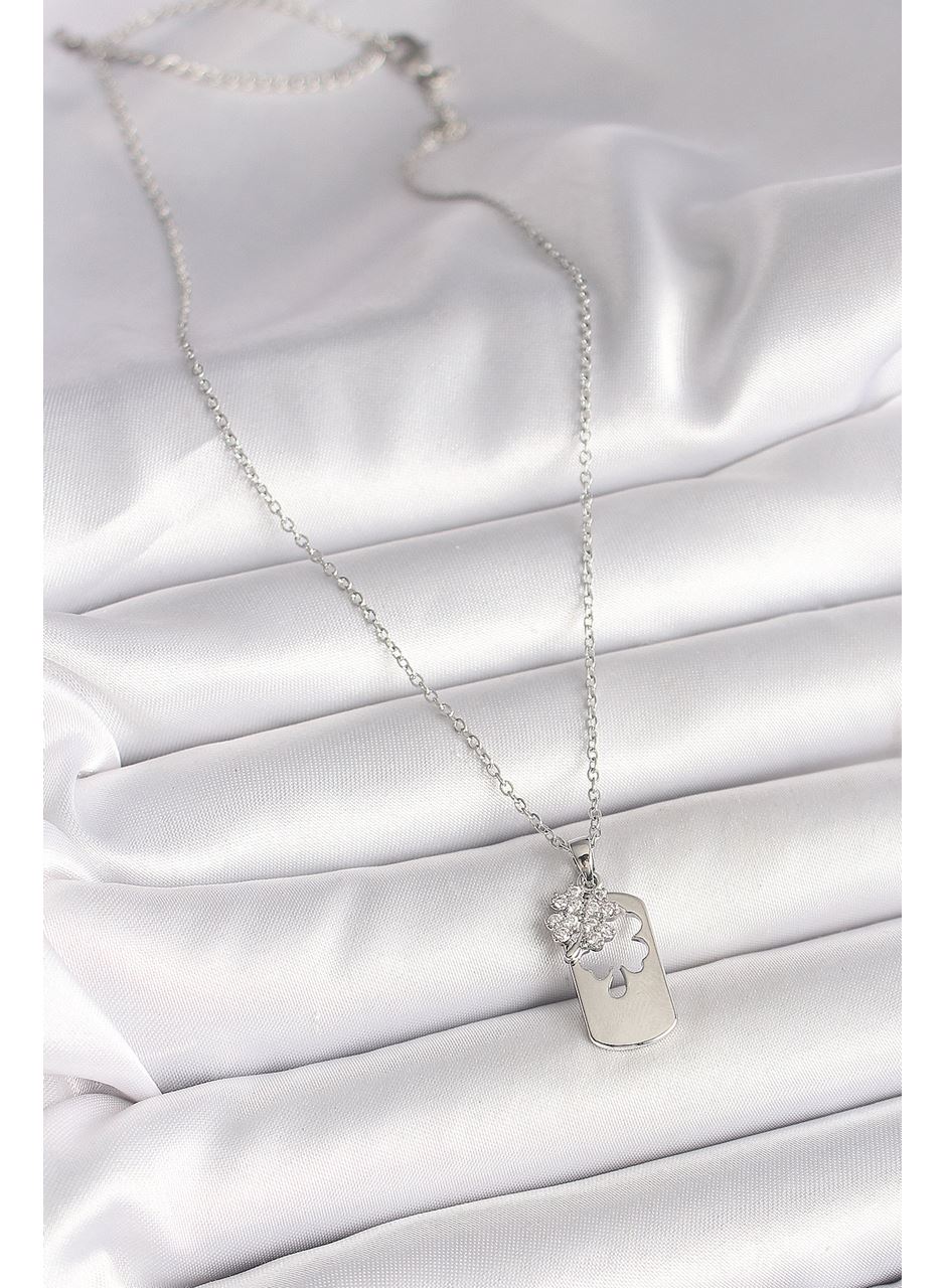 316L Çelik Gümüş Renk Zincir Zirkon Taşlı Yonca Model Kadın Kolye