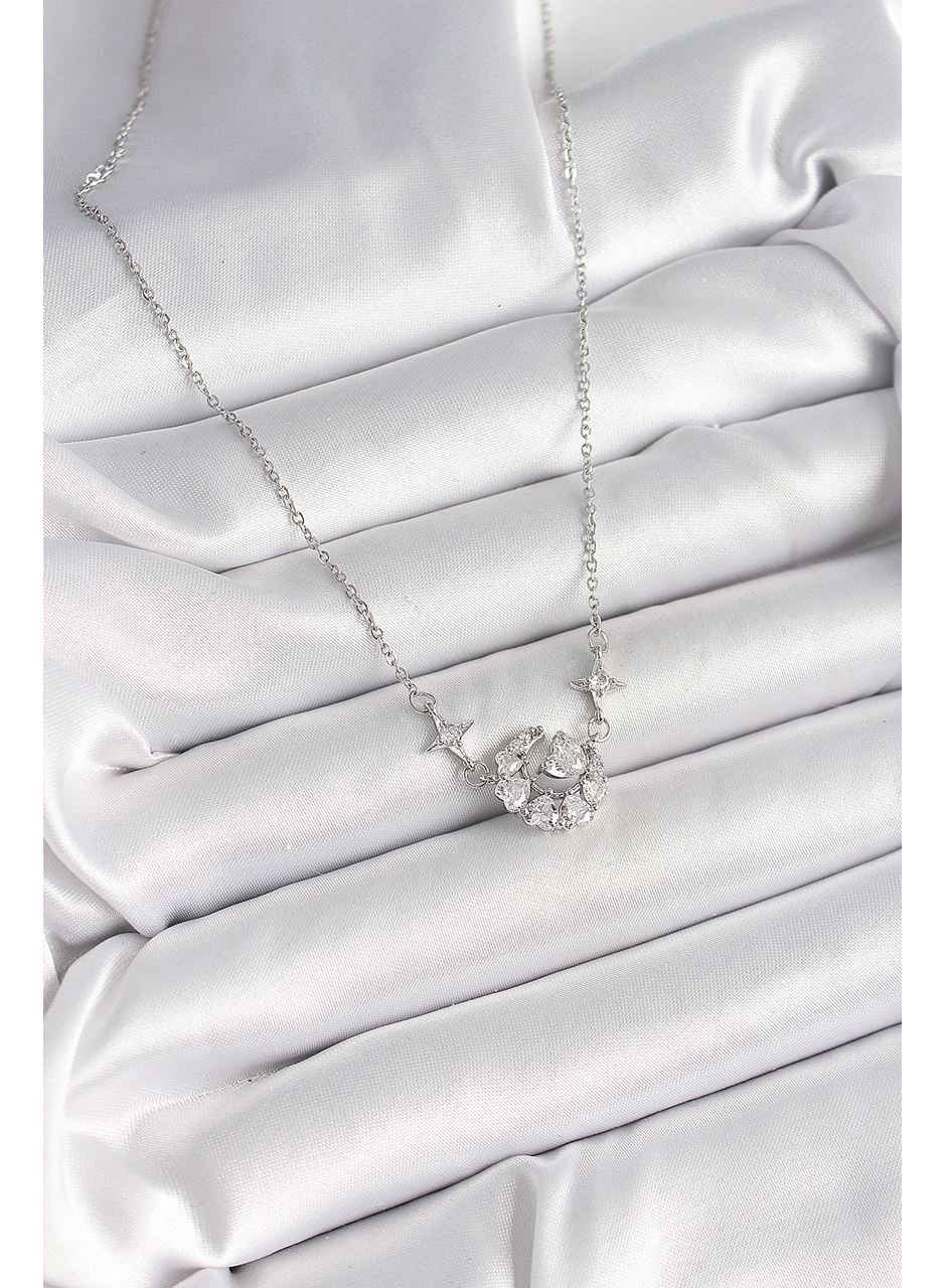 316L Çelik Gümüş Renk Zirkon Taşlı Hilal Kalp Model Kadın Kolye