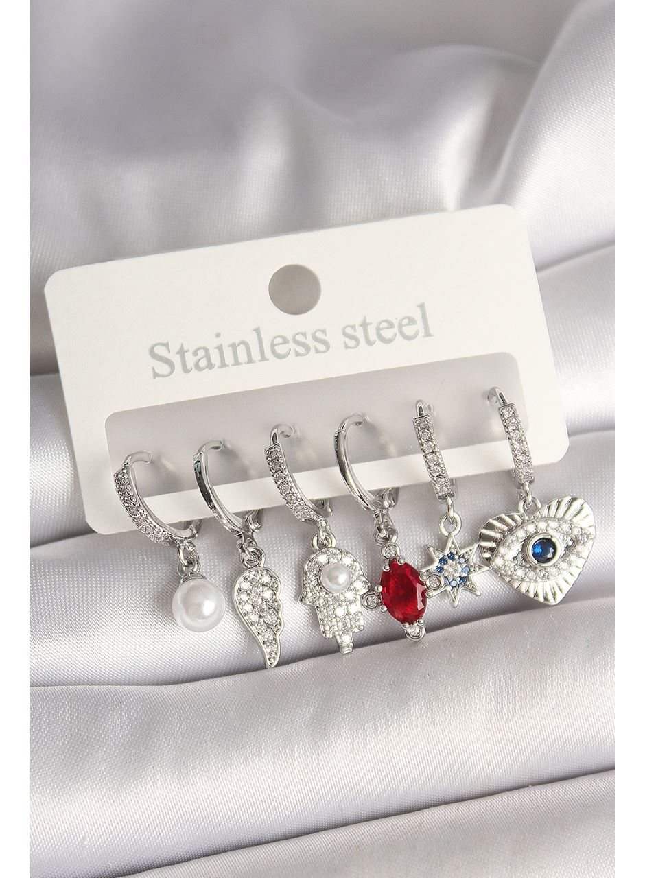 Pirinç Gümüş Renk Zirkon Taşlı Fatma Ana El Figür Kadın Küpe Seti