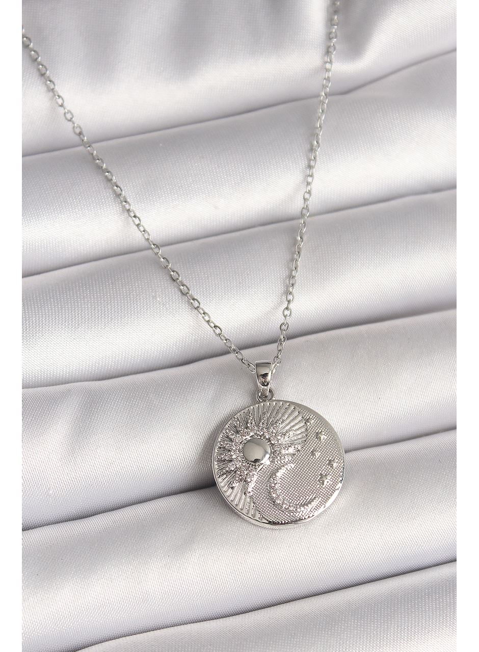 316L Çelik Gümüş Renk Zincir Zirkon Taşlı Ay Güneş İşlemeli Madalyon Model Kadın Kolye