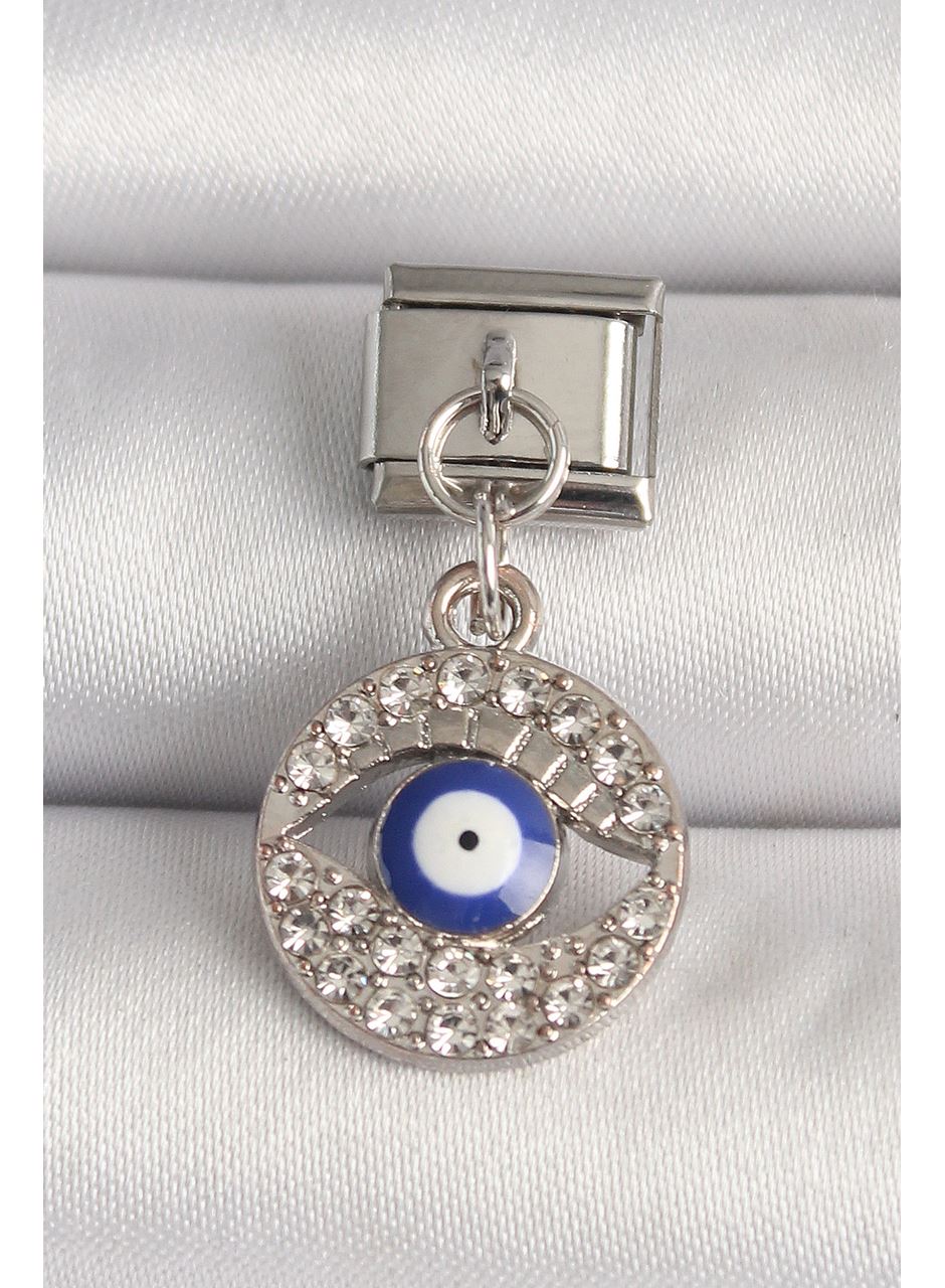 316L Çelik Gümüş Renk Zirkon Taşlı Göz Model Nazar Boncuk Detay Nomination Charm