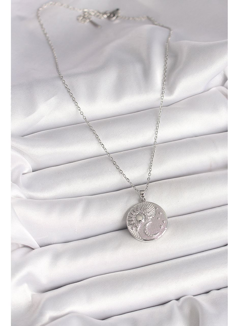 316L Çelik Gümüş Renk Zincir Zirkon Taşlı Ay Güneş İşlemeli Madalyon Model Kadın Kolye