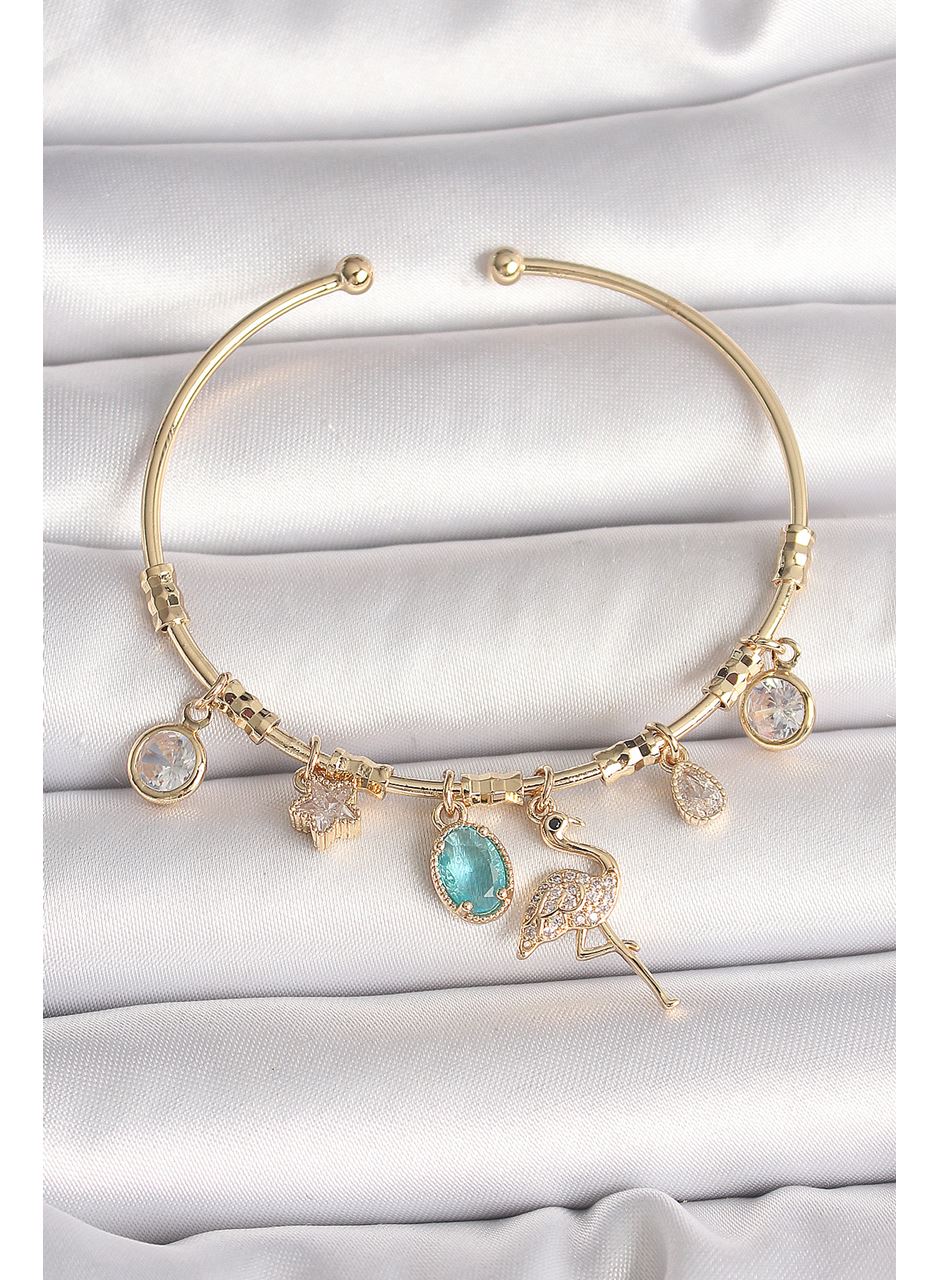 Pirinç Gold Renk Zirkon Taşlı Sallantı Filamingo Figür Charm Kadın Bileklik
